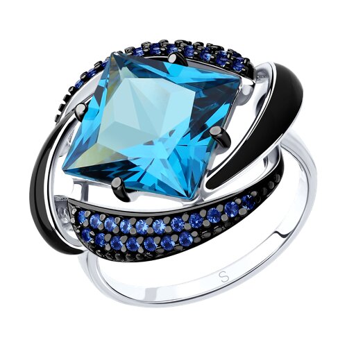 Кольцо из серебра с эмалью с синим ситаллом и синими фианитами